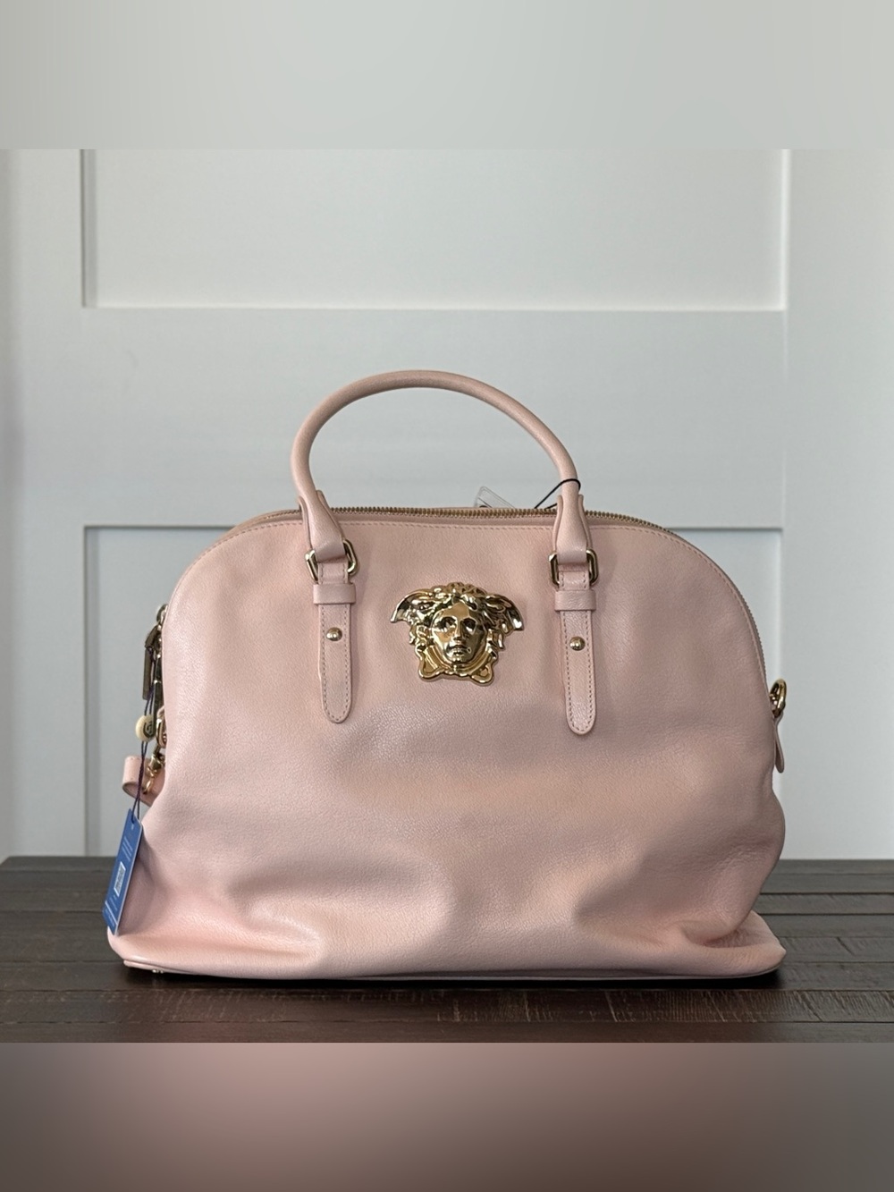 Versace Pale Pink Leather Top-Handle Satchel with Gold Medusa Plaque